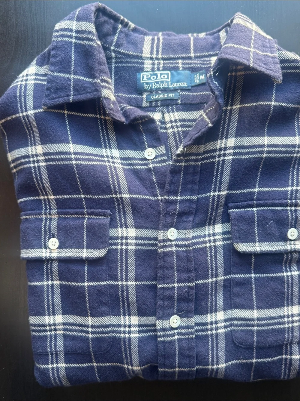 Polo Ralph Lauren Classic Fit Plaid Flannel Shirt Men’s Medium Navy White Cotton